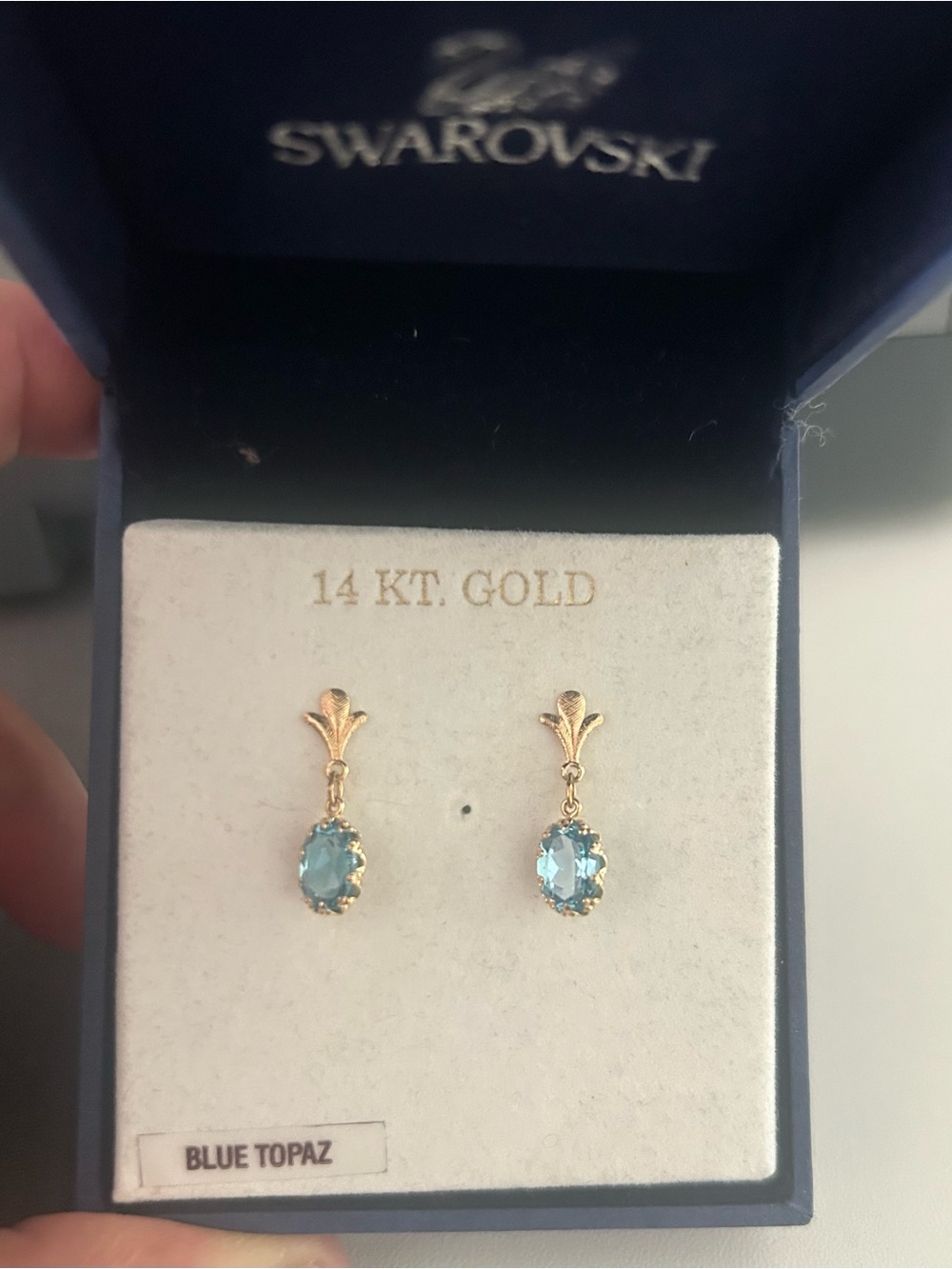 Swarovski Gold Drop Earrings with Blue Topaz Stones